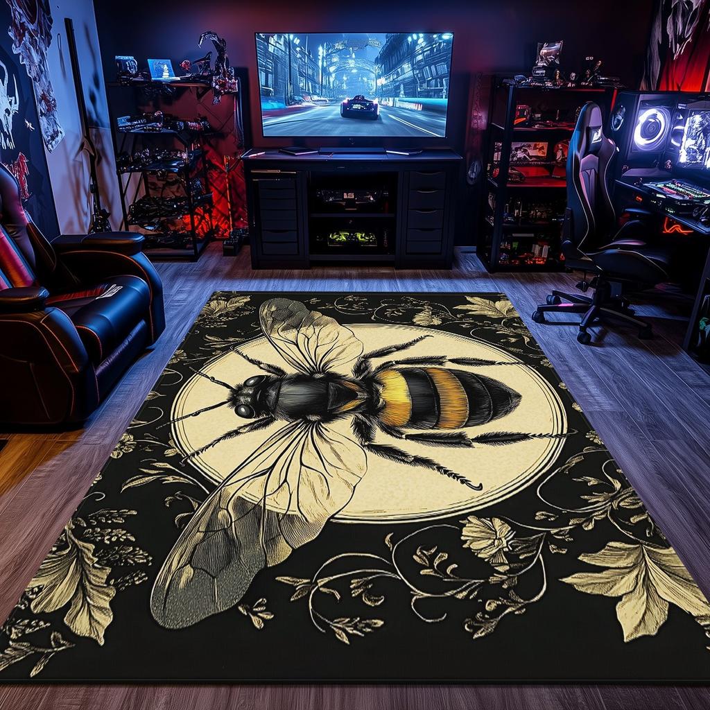 Vintage bee illustration floral pattern plush rug office study room floor mat insect art black gold color carpet home decor