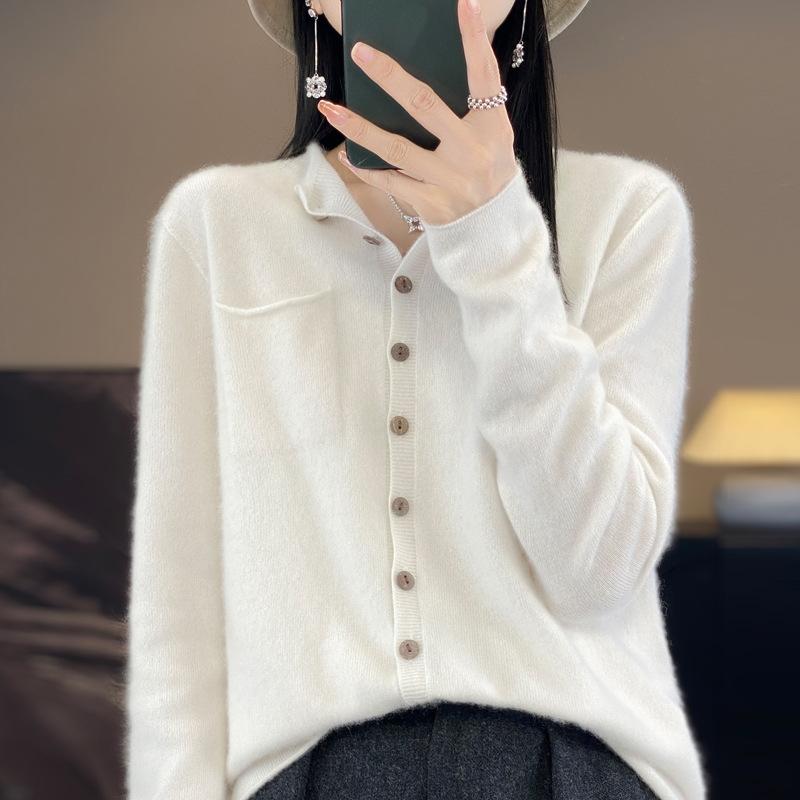 Wool Cardigan with Seamless One-line Rolled Pocket Coat Top