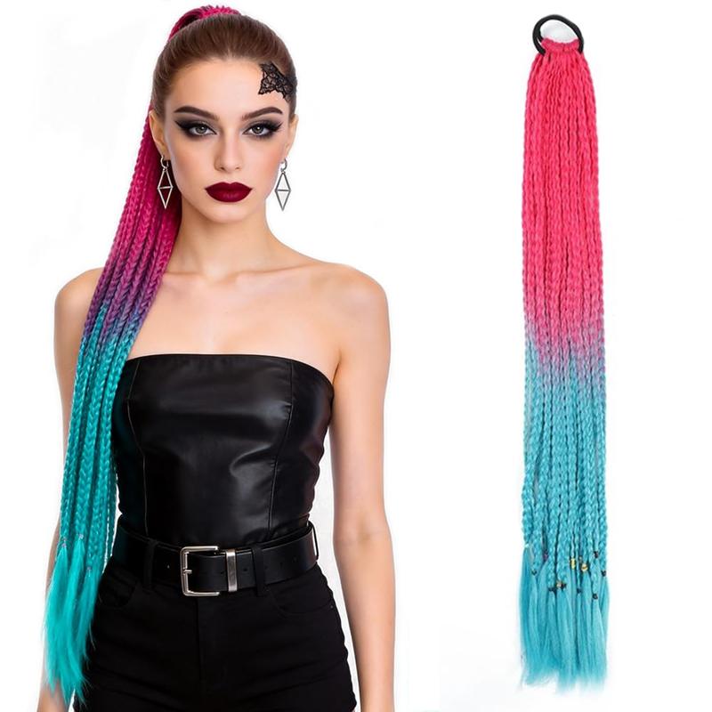 Braided Ponytail Hair Extensions 24 Inch Colorful Box Braids with Rubber Bands Synthetic Hairpieces for Girl  Women Accessories Crazy Hair Day