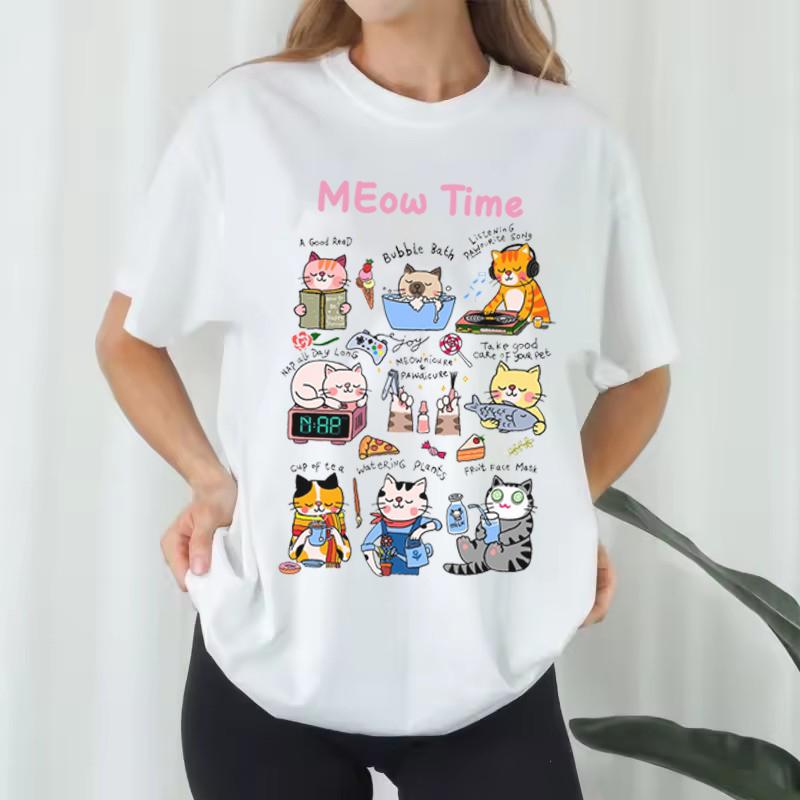 Cute Meow Time Graphic Tops Aesthetic Kitten Pattern Shirt Women Loose Cotton Cottagecore Clothing 90s Retro Cat Lover Tshirts