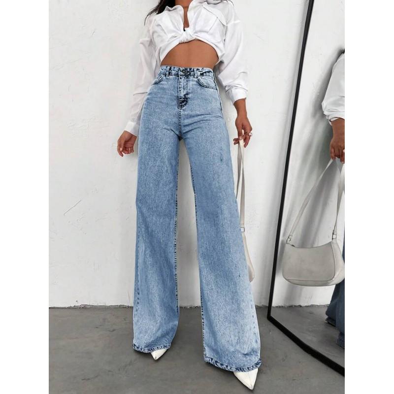 Womens Wide Leg Straight Cut Denim Pants Loose Fit Cropped High Waist Casual Streetwear Jeans