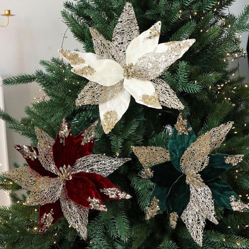 Simulated Flower Pendant With Sequins Design Christmas Home Decoration Prop For Holiday Decor And Diy Wreaths