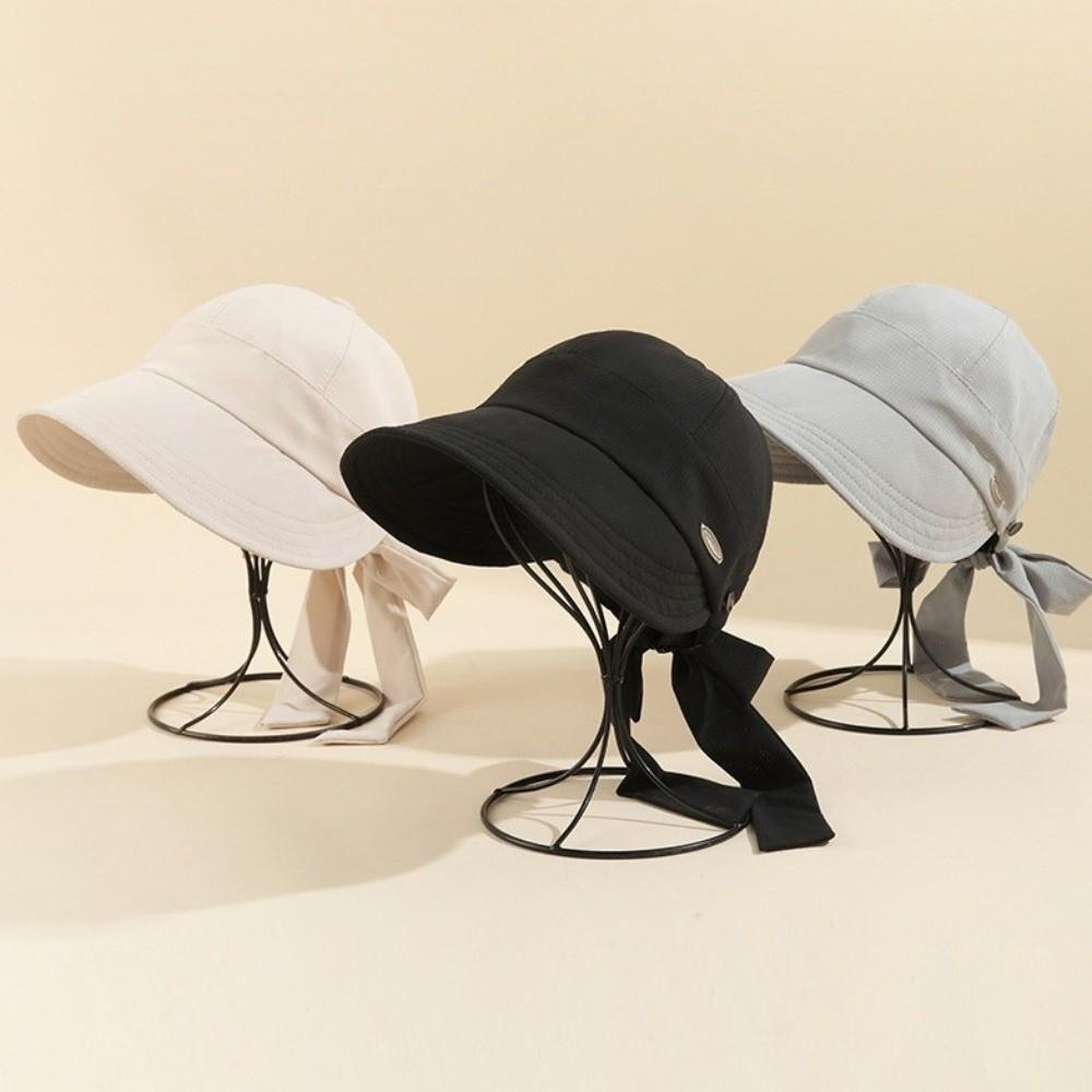 Solid Color Wide Brim Bucket Hat with Bow Peaked Cap Simple Women Sun Hat Fishing