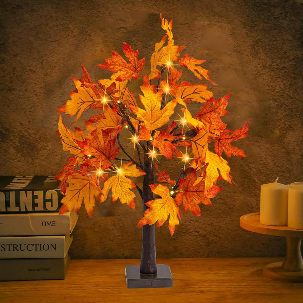 Dazzle Bright 2 Pack 24 Inch Lighted Thanksgiving Fall Maple Tree Decor, 24 LED Battery Operated Decorations Artificial Tree with Timer for Indoor