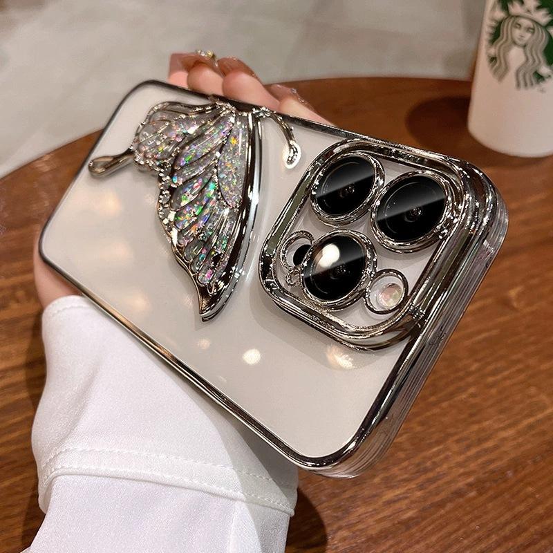 

Glitter quicksand butterfly is suitable for Apple 16ProMax mobile phone case 15 with its own lens film 14 advanced sense 13 light luxury IPhone16 серебряный