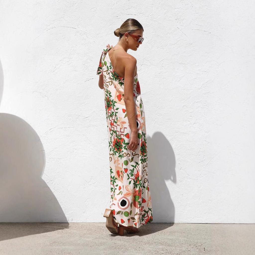 Women's Summer One Shoulder Sleeveless Dresses Floral Flowy Ruffle Maxi Sundresses Casual Boho Beach Party Wedding Guest Dresses for Women