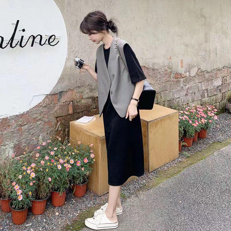 Women's Summer 2026 Sleeveless Vest Dress: Elegant Salt Style Two-Piece Straight T-Shirt Dress Set
