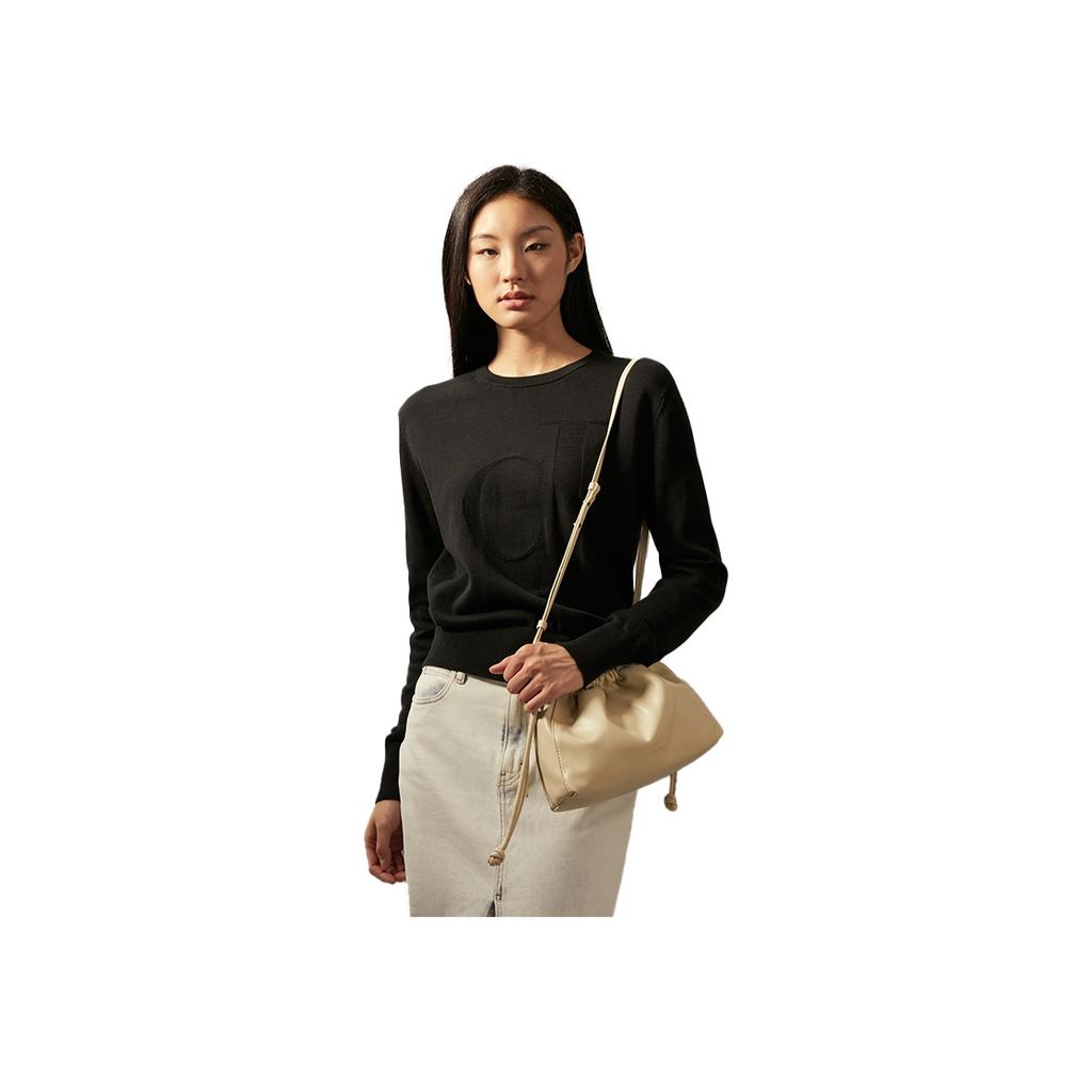 Calvin Klein Fashion Elegant Minimalist Textured Letter Drawstring Cloud Bag Shoulder Bag Medium Women bags Khaki Beige 4K3060G-PD7