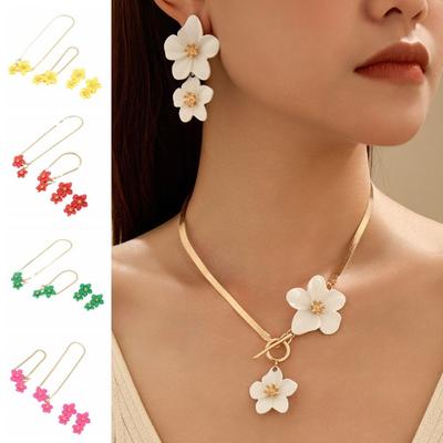 Metal Flower Necklace Earrings Set OT Buckle Pendant Jewelry Suit Elegant Flower Jewelry Set  Women
