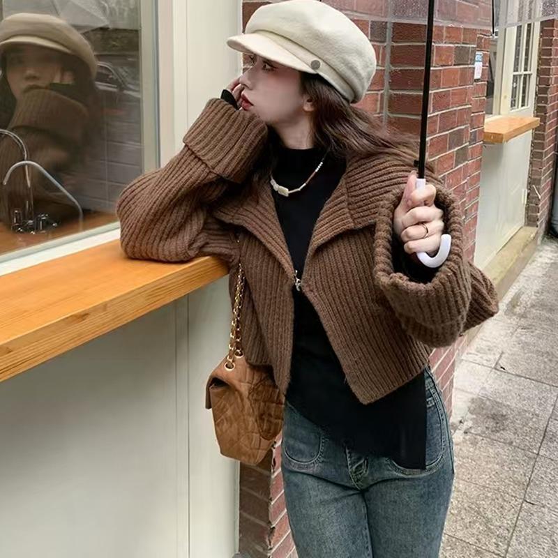 Elegant Knitted Cardigan Women Short Sweater Jacket Spring and Autumn Long Sleeve Casual Korean Fashion Lapel Coats Solid Simple Office Clothes