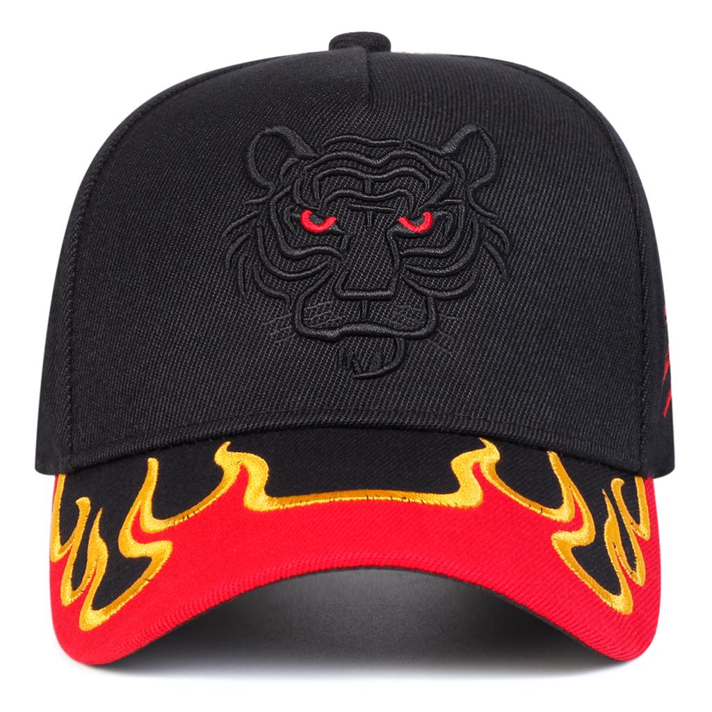 Men Brim Flame Tiger Embroidered Baseball Cap Outdoor Adjustable Sunscreen Leisure Hat Spring Autumn Travel Tourism Beach Vacation