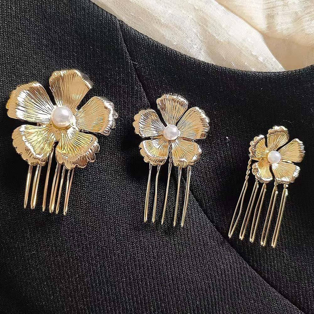 5pcs Retro Golden Flower Hair Forks Elegant Wave Zinc Zinc Alloy Barrettes Hair Clips Pearl Side Clips Women