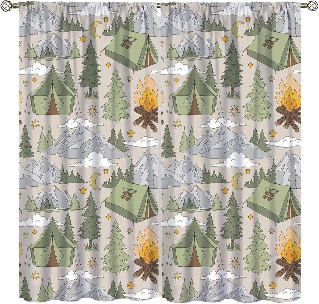 Retro Happy Camper Curta,Rustic Wood Plank Camping Travel Trailer Blackout Rod Pocket Window Curtain,For Boys Girls Living