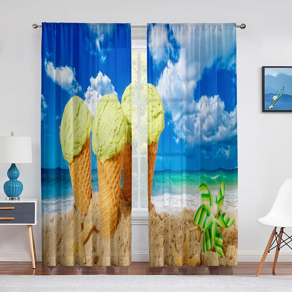 Ice Cream Summer Theme Chocolate and Fruity Flavor Tulle Window Curtains for Living Room Bedroom Decorative Sheer Voile Curtain