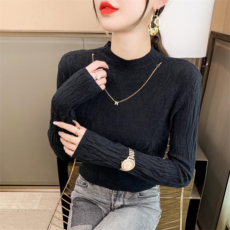 Half High Collar Textured Base Shirt Mid Neck Wrinkled Top Women's Early Autumn Long Sleeved Sweater