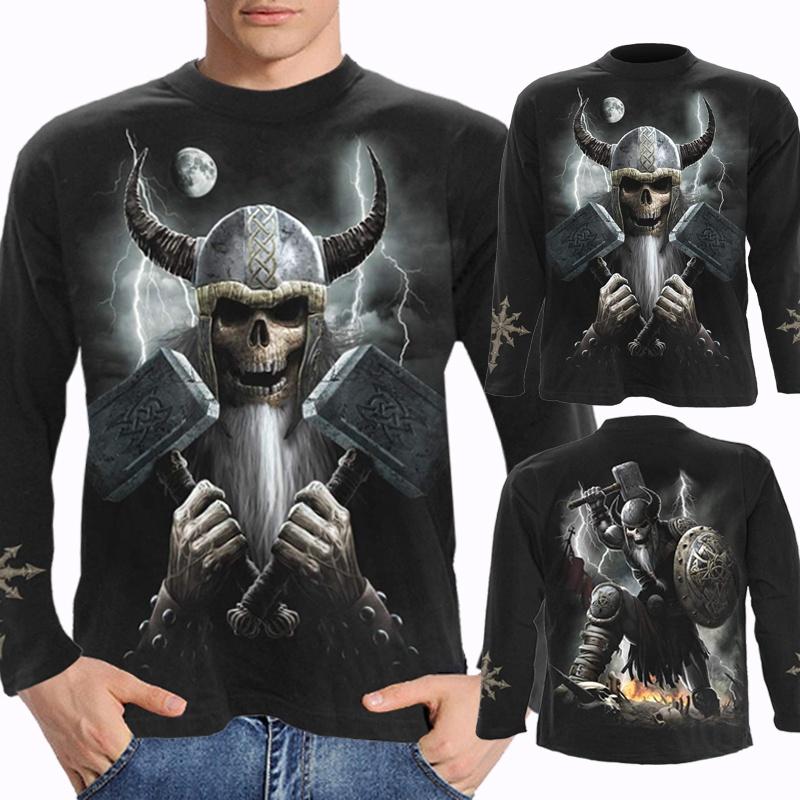 Herren Langarm T-Shirt Gothic Totenkopf Drache Wikinger 3D Druck Halloween Tägliche Party Oberteile
