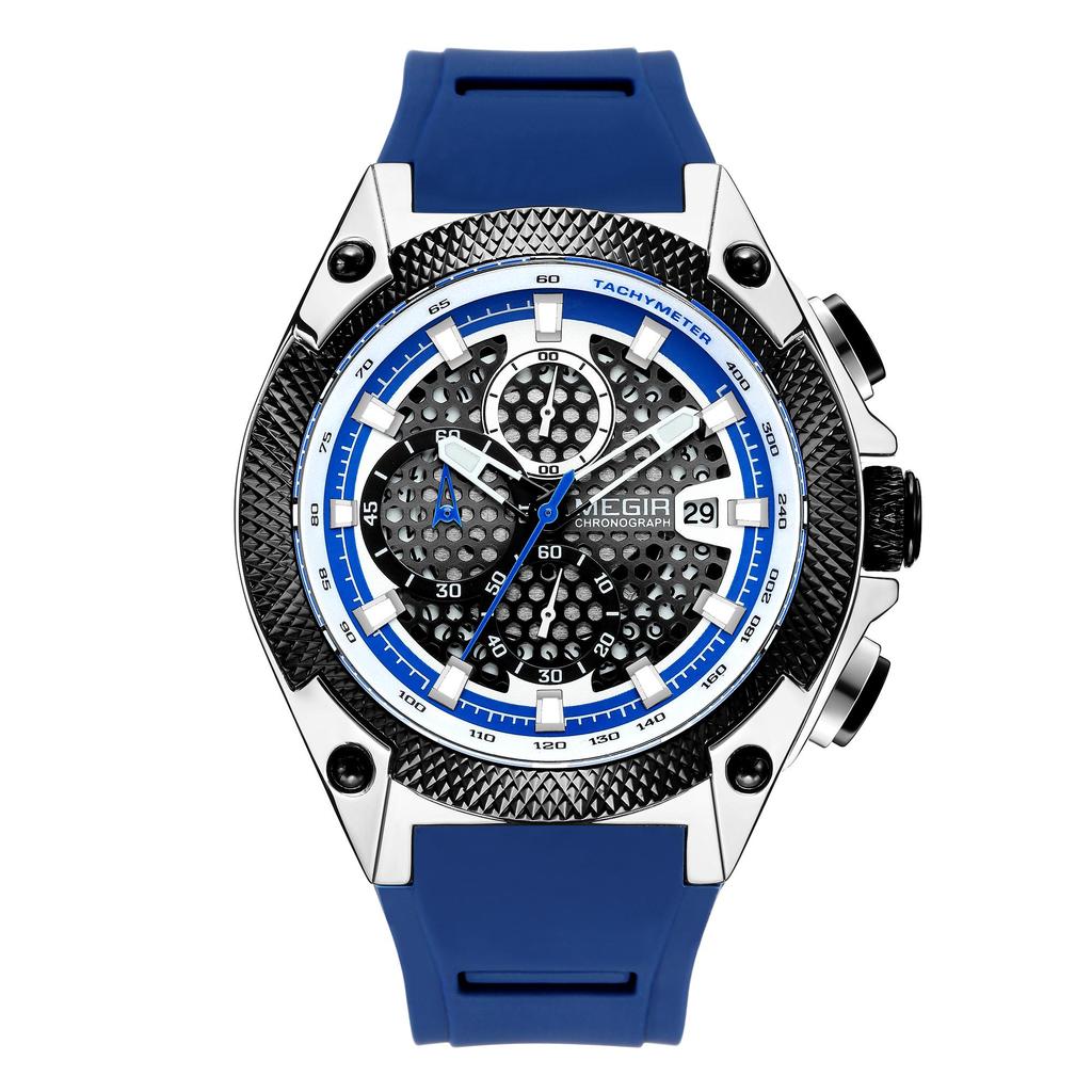 Megir Men Sport Watch Relogio Masculino Blue Silicone Strap Mens Watches Top Brand Luxury Luminous Waterproof Quartz Watch Man