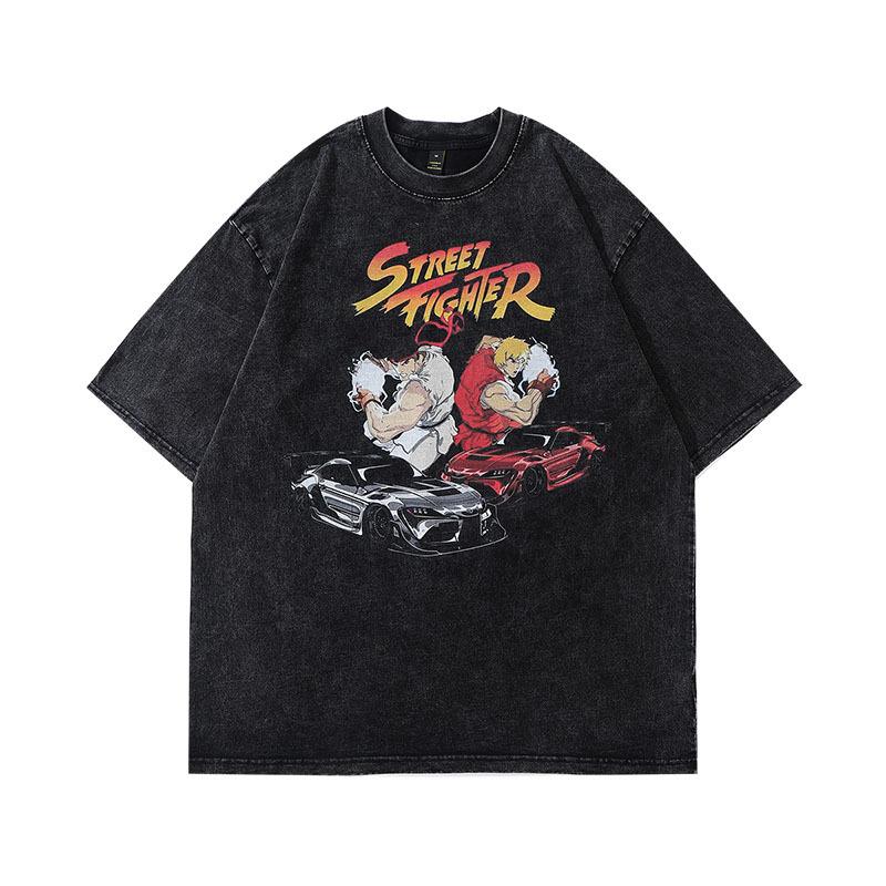 Men'S Hip-Hop Trendy Brand Butterfly Printing Small Neckline Old Short-Sleeved T-Shirt Men'S And Women'S High Street Washed Half-Sleeved Tee