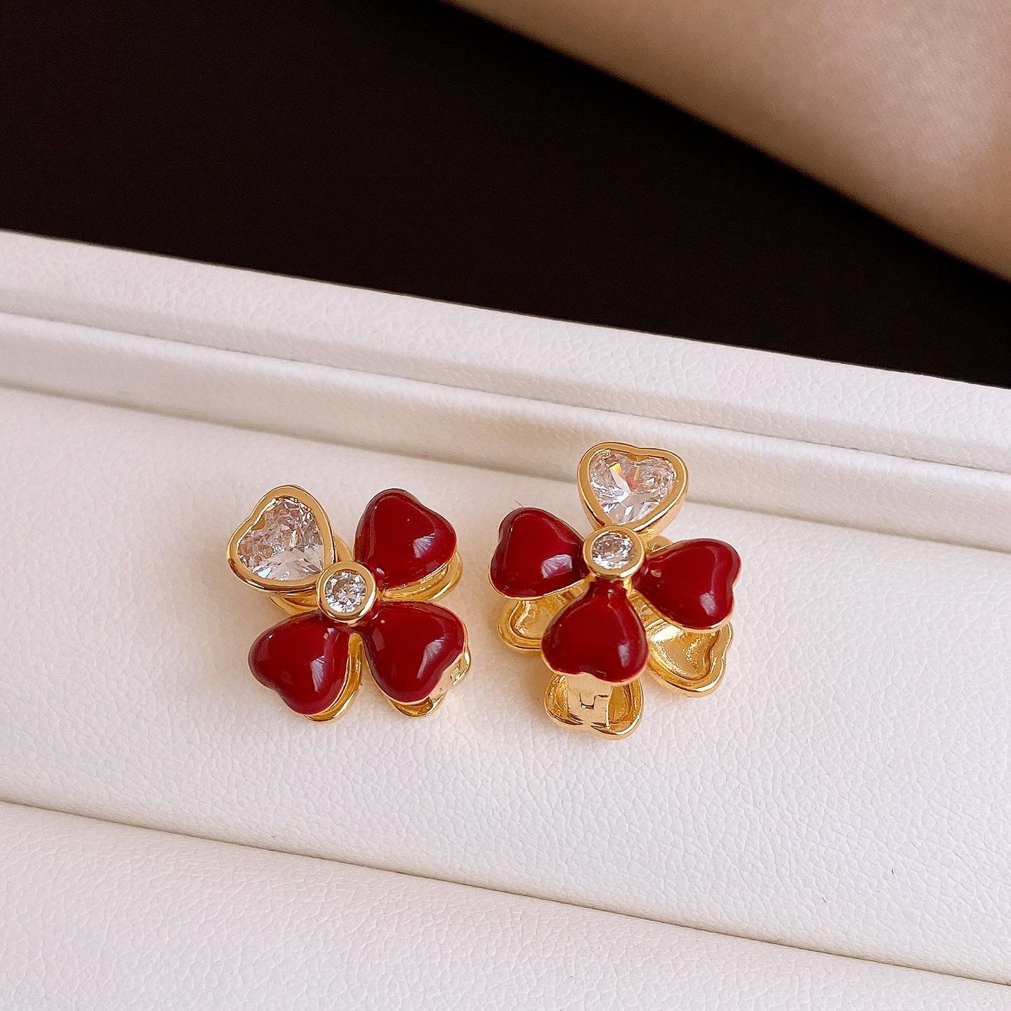 18K real gold zircon round red flower stud earrings versatile earrings earrings women