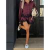 Women Lace Splicing Striped Long Sleeve Shirt And Drawstring Shorts Two Piece Set