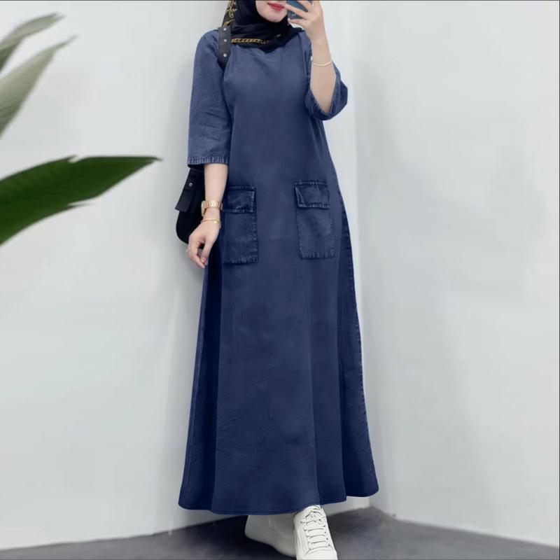ZANZEA Women Casual Round Neck Loose Long Sleeve Retro Long Dress