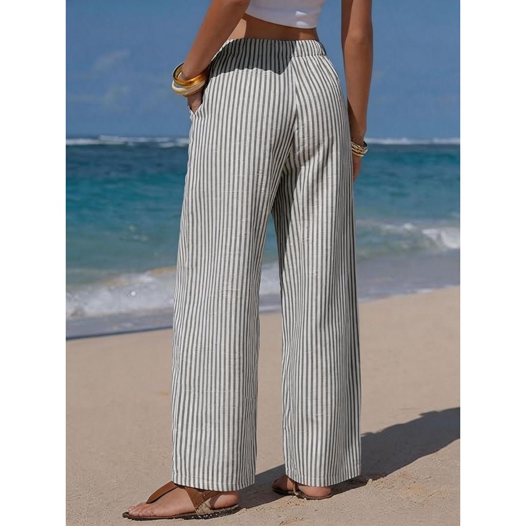 Summer Women's Striped Linen-like Wide Leg Pants, Drawstring Waist Pockets Casual Long Trousers for Beach Vacation