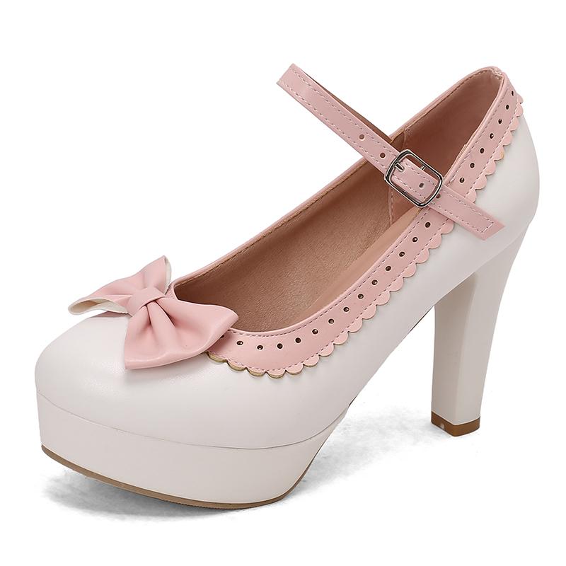 Fashion Spring Autumn Lolita Wedding Shoes For Woman Platform High Heels Mary Janes Shoes Sweet Heels Buckle Strap Dress Shoe Size34-48