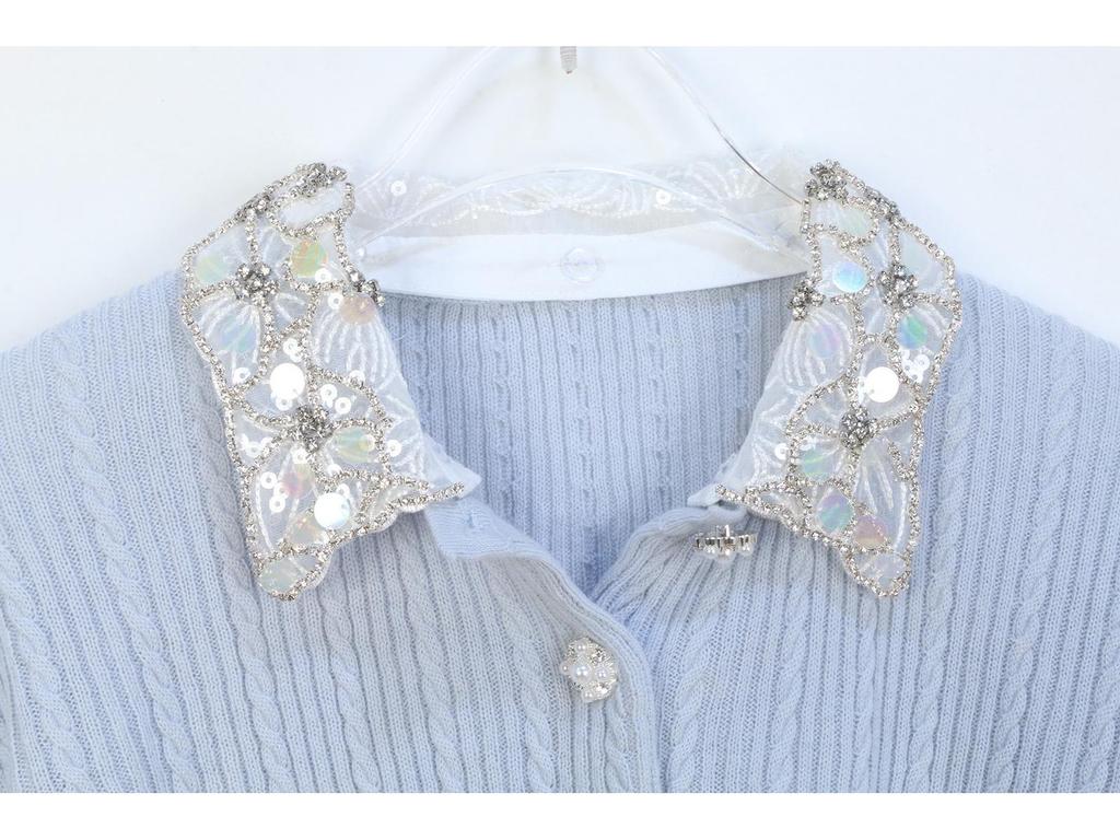 2025 Spring Grey Knit Cardigan with Sequin & Rhinestone Lapel