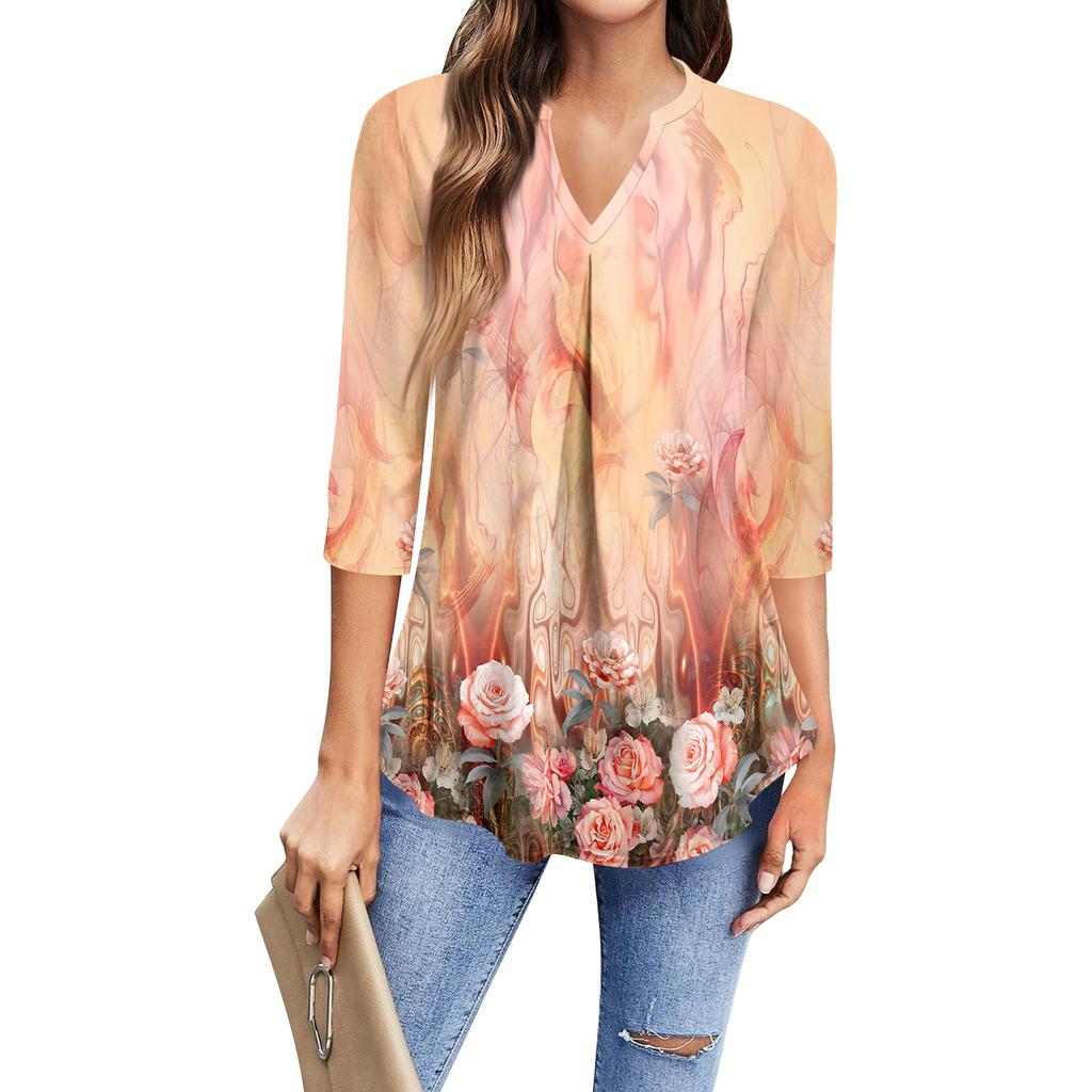 Dames casual T-shirt met driekwartmouwen en V-hals.