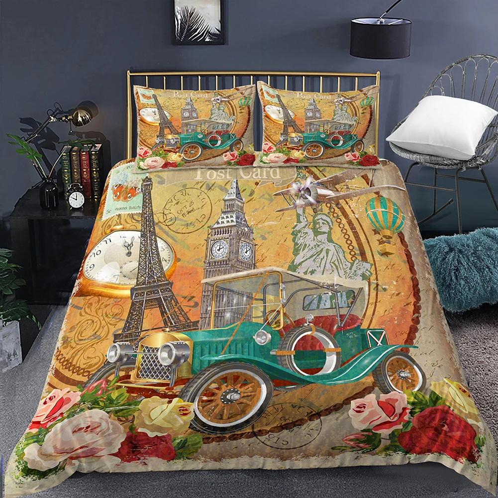 Housse de Couette Tour Eiffel Romantique Moderne Bâtiment de Ville de Paris Rouge et Bleu Housse de Couette pour Couple Accessoires Décor pour Adolescente