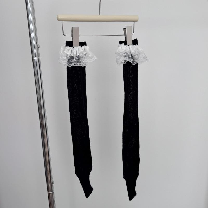 

Носки с махровым следом, летние носки с кружевной кромкой, однотонные бесшовные носки, носки до середины икры для женщин 1 pair чёрный