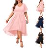 Rochie Midi Eleganta Casual din Voal Mărime Mare cu Decolteu în V și Maneci Scurte pentru Vară, cu Talie Legată și Tiv High-Low
