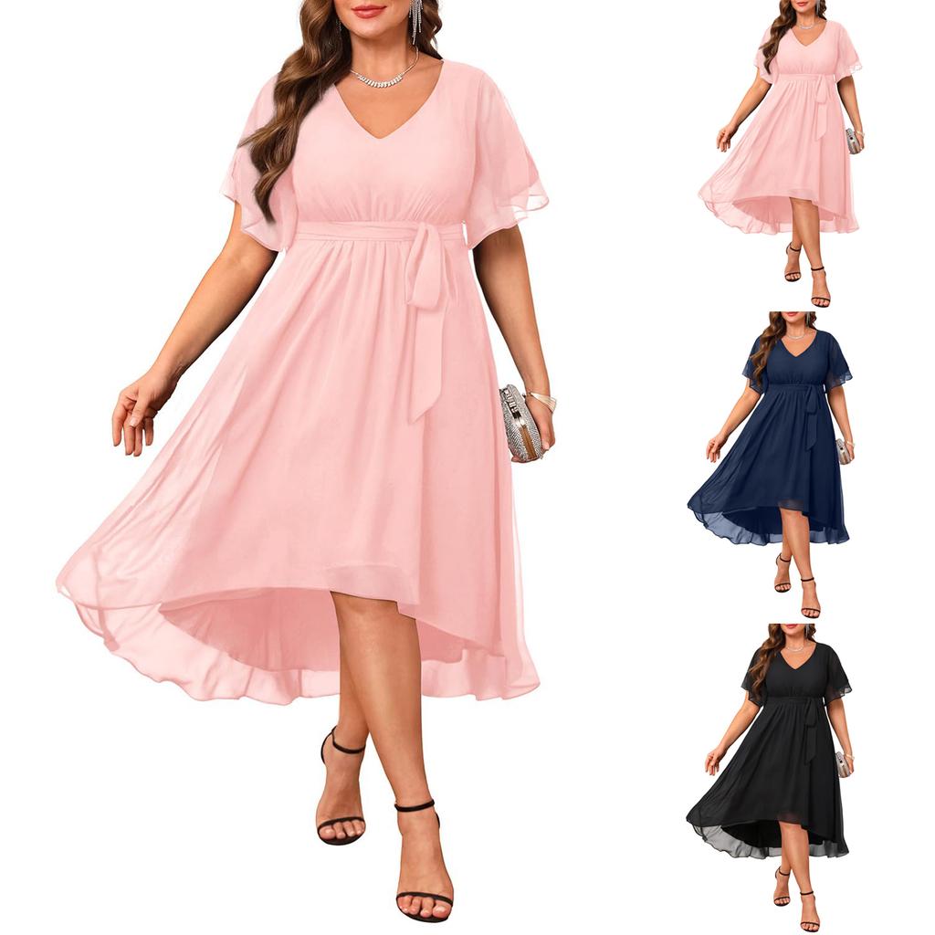 Plus Size V-udskæring Chiffonkjole til Kvinder med Bånd i Taljen, Kortærmet, Høj/Lav Kant, Elegant Afslappet Midikjole til Sommer