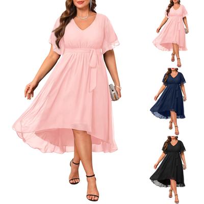 Damen Plus Size Chiffon-Kleid mit V-Ausschnitt und Bindegürtel, Farbe Sexy Sommer-Partykleid