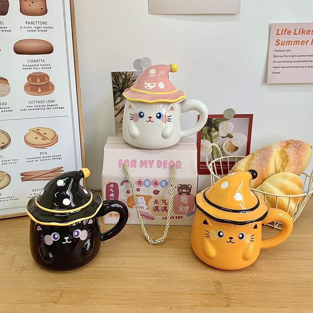 Cat mug with lid Ceramic cup Girls water cup Office coffee Breakfast cup Birthday gift souvenir