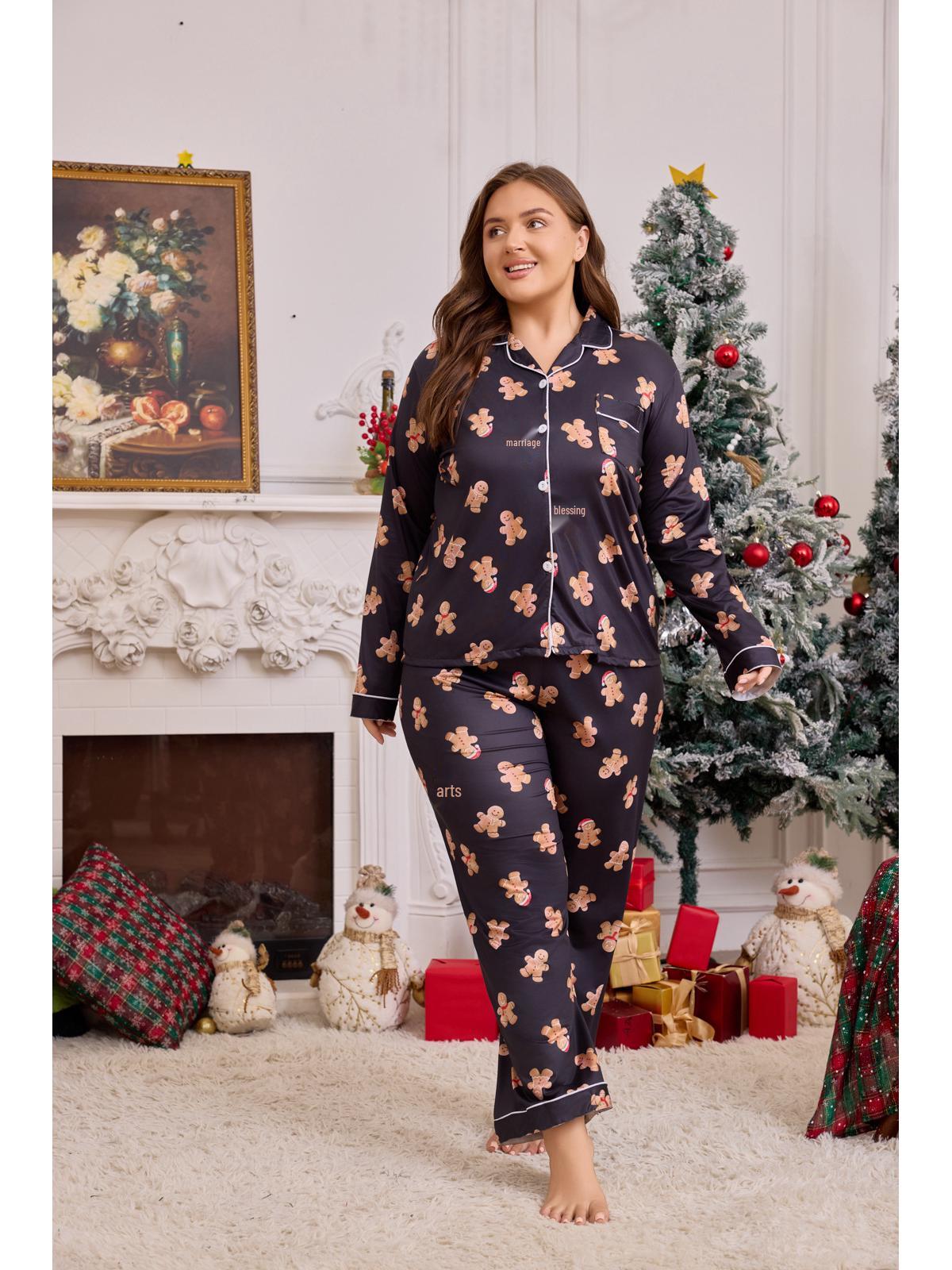 

Женский пижамный комплект больших размеров в стиле кросс-бордерной моды с кардиганом с лацканами и длинными брюками - Рождественская осенне-зимняя коллекция 3XL чёрный