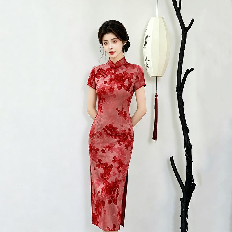 Red national style new Chinese style small medium and long cheongsam improved young women's high-end sense retro short sleeve summer