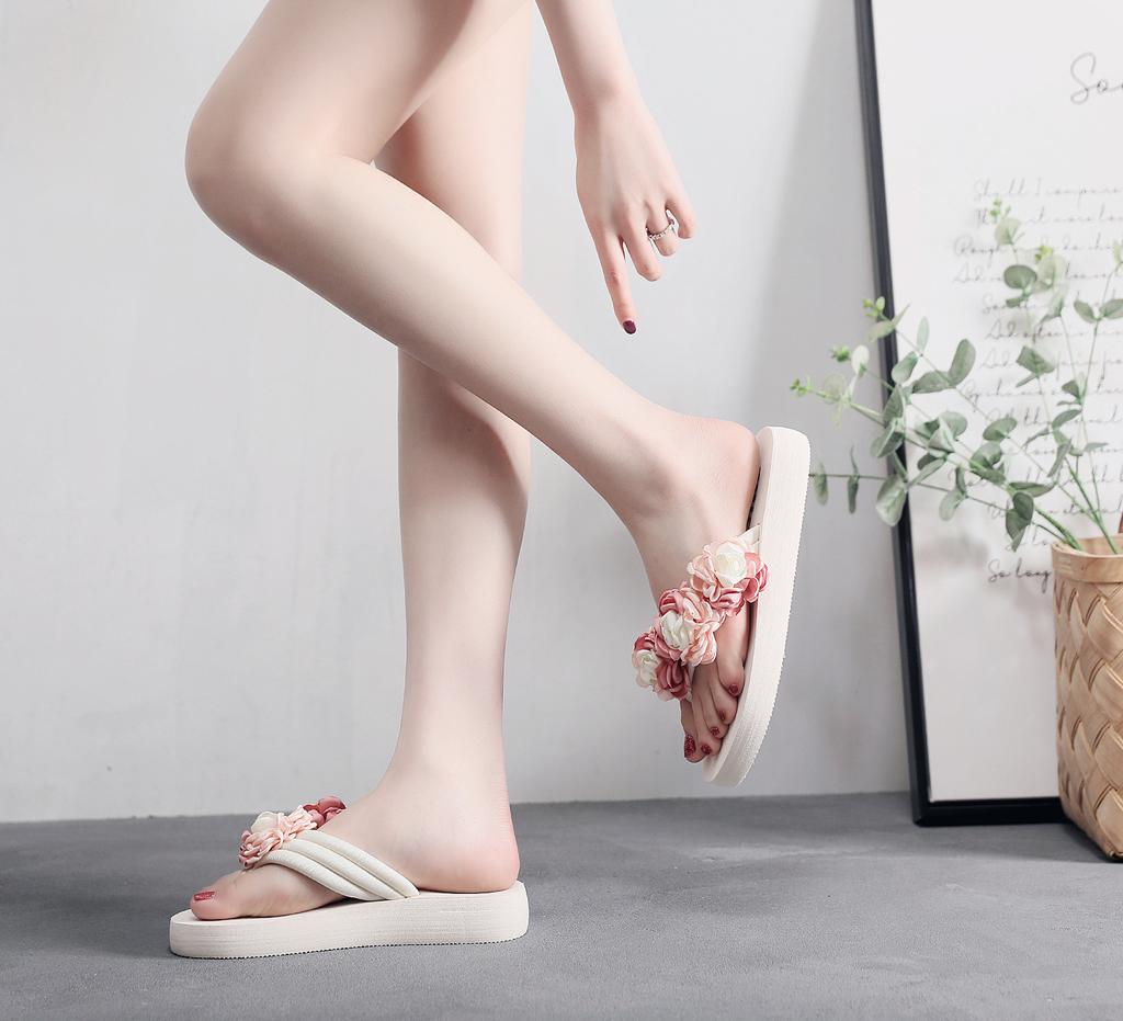 6 Cm High Heel Women's Summer Cloth Tape Slope with Herringbone Ladies Sandals Muffin Slippers Slippers Camellia Flowers Shoes