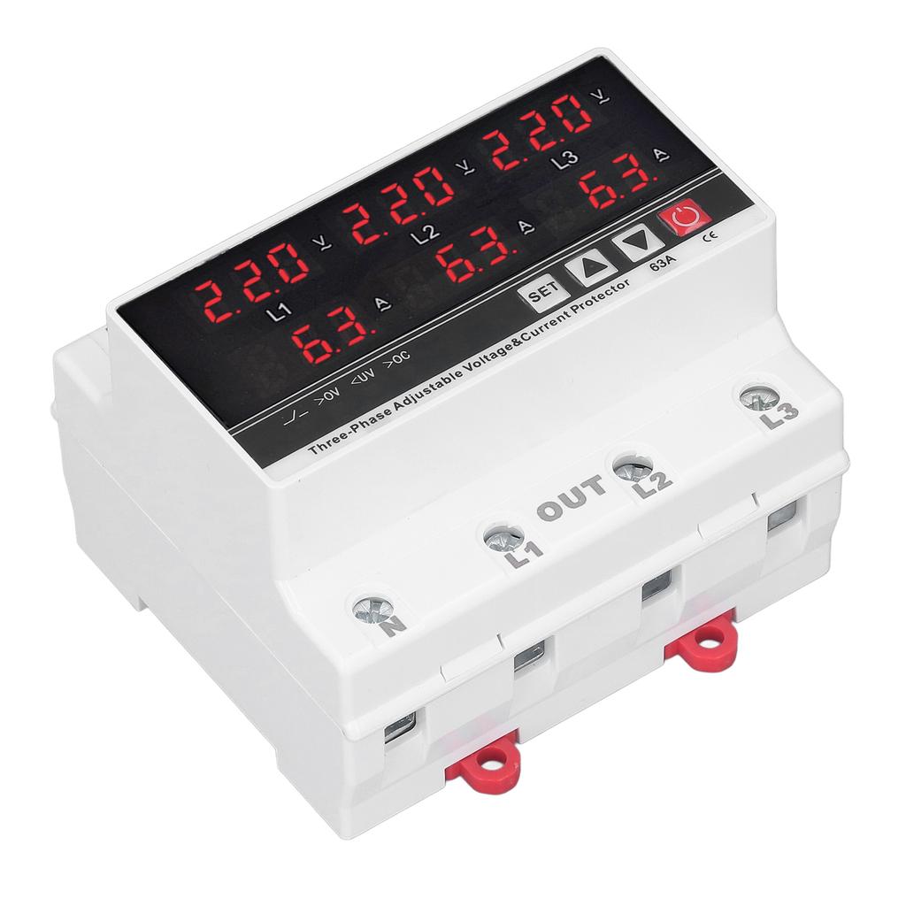 Undervoltage Protector DIN Rail Adjustable Overcurrent Protector AC120V‑300V 63A 3 Phase 3 Wire 4 Wi
