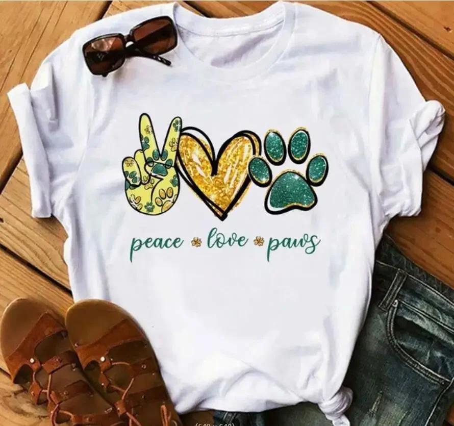 Women's Large Size Short Sleeve Crewneck T-Shirt Cartoon Hand-Painted Dog Paw Print Warm Polyester Fabric Summer Fashion
