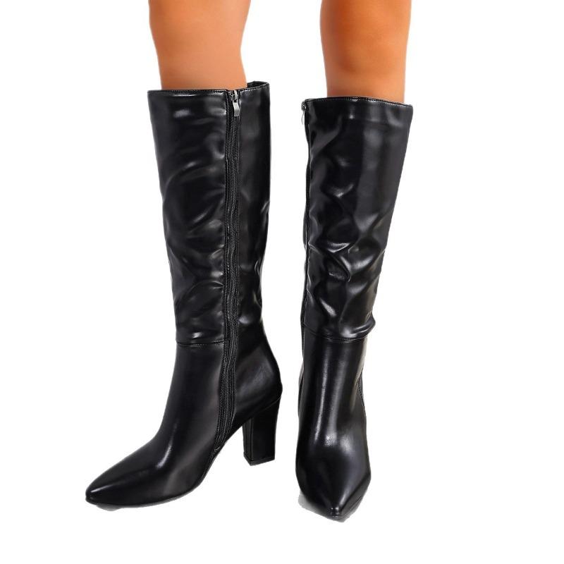 Winter 2025 Pointed Toe Pleats Slimming Fashion Boots Cross-border Thick Heel Side Zipper Plus Size High Heeled Boots Women