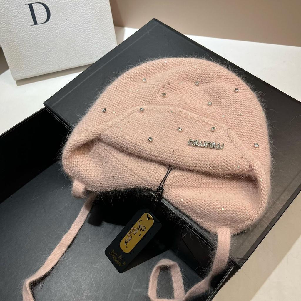Light Luxury Rhinestone Min Rabbit Hair Knitted Hat Winter Outdoor Double-Layer Thermal Ear Protection Hat Celebrity Style Bag Head Hat