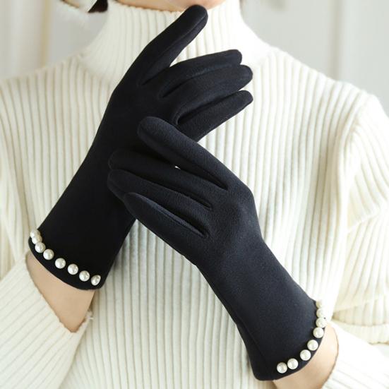 Women Winter Touchscreen Gloves Plush Lined Gloves with Faux Pearls Warm Windproof