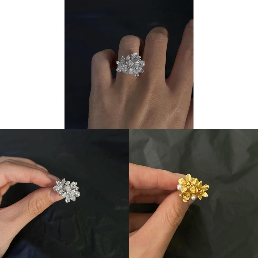 Floral Pearl Ring For Women With Adjustable Open Design In Gold And Silver Finish