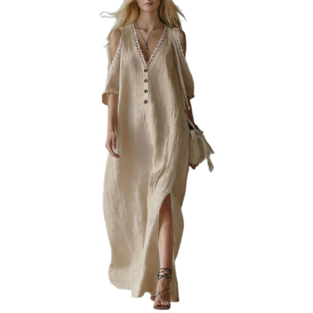 Women’s Lace Trim Loose Fit Off Shoulder Maxi Dress Casual Long Sleeve Button Down Design with Side Slit and V Neck