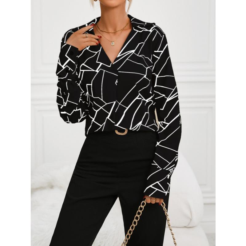 Women S Loose Fit V Neck Long Sleeve Printed Shirt