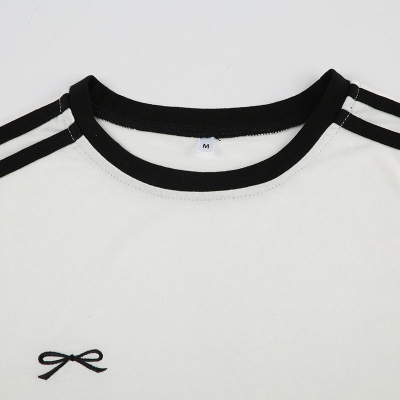 Contrast Embroidered Bow Crop Top Women Casual Striped Print Short Sleeve Slim White T Shirts Casual Streetwear Y2k Tees