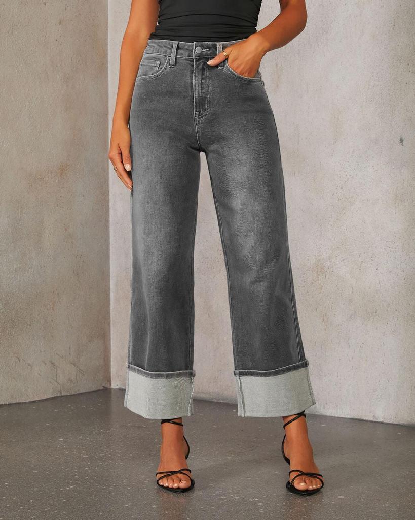 2025 Women's Retro High-Waist Straight-Leg Jeans with Elastic and Rolled Hem