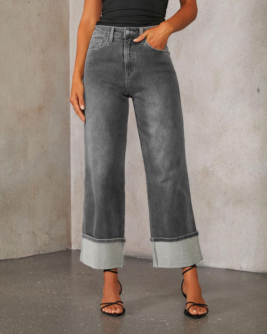 

2025 Women s Retro High-Waist Straight-Leg Jeans with Elastic and Rolled Hem XXL сірий колір
