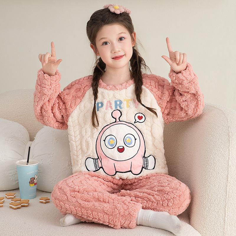 Kids Flannel Pajamas Set Boys Girls Warm Long Sleeve Top And Pants Sleepwear Winter Home Nightwear